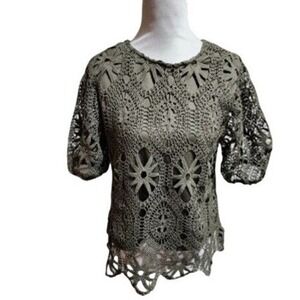 Ultra Pink Womens Olive Green Floral Crochet Lace Puff Sleeve Boho Top Size M